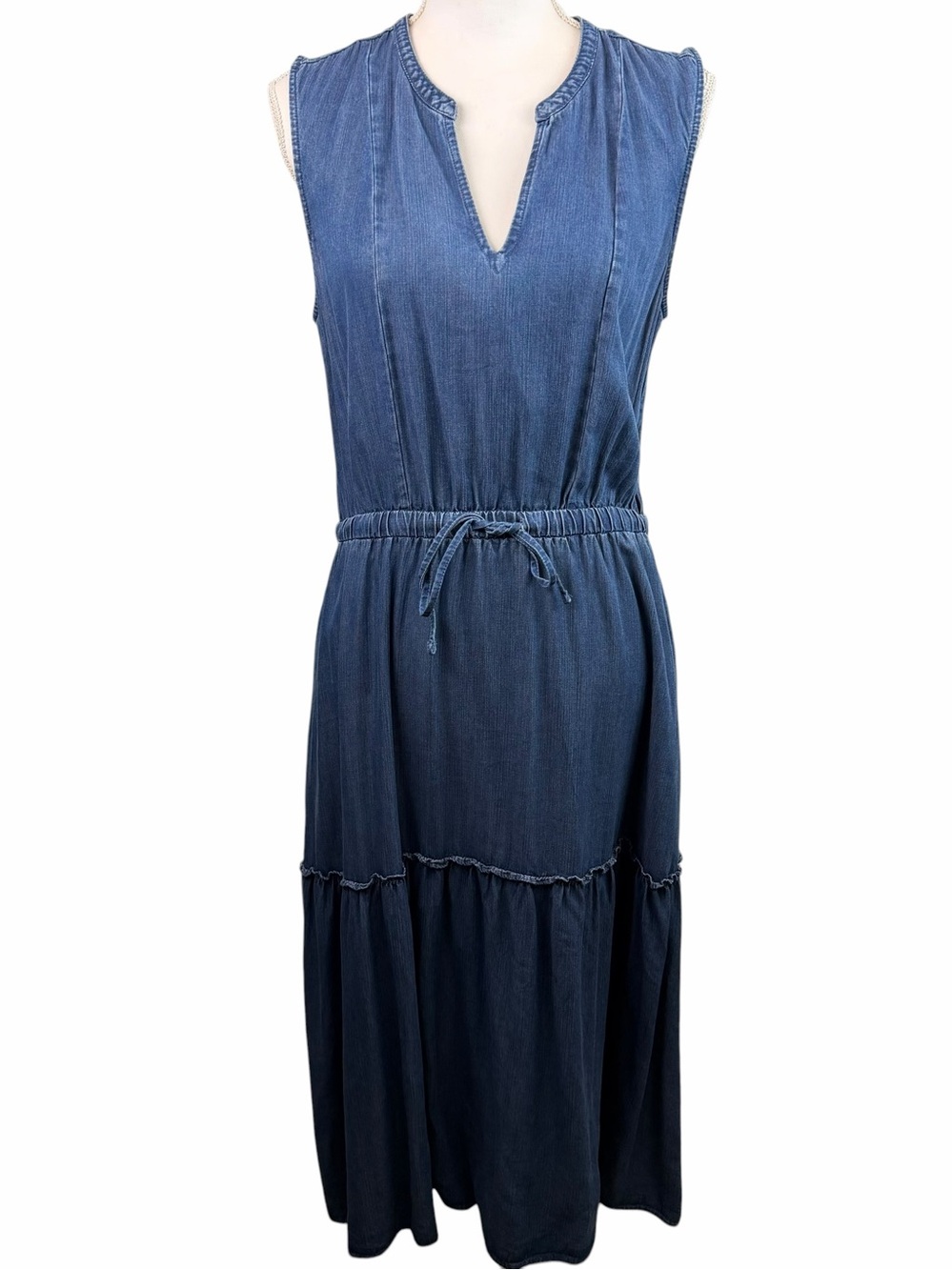 Lands’ End | Blue Chambray Sleeveless Tiered Midi Dress